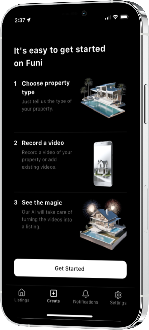 Funi mobile app interface showing property listing creation start screen